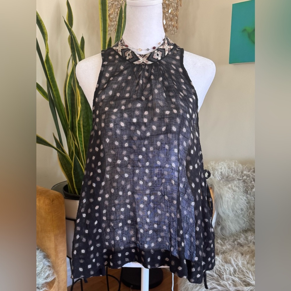 Free People Black Pattern Blouse, Side Ties